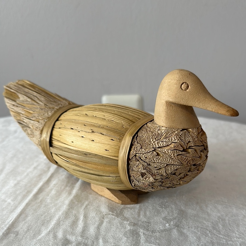 Handmade Wood Straw Duck Statue Art Deco